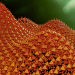 Abstracte digitale textuur van oranjerode piramides met glanzende bollen en groene achtergrond