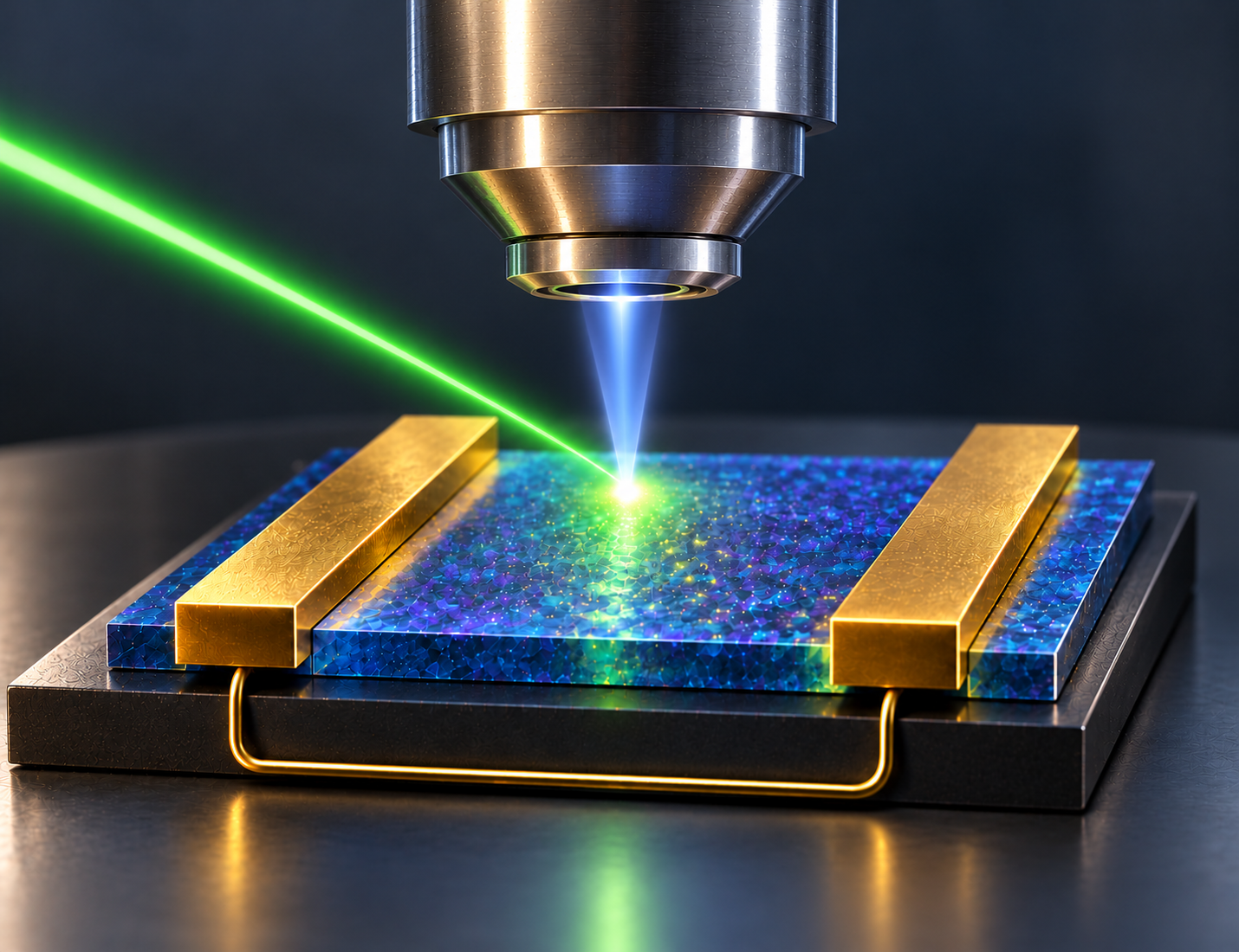 Illustration of the project The Dynamic Atomic Interface between Halide Perovskites and Metals. Researchers study the atomic motions at the interface between a metal and a perovskite semiconductor using light (green beam coming from the left) and the transmission electron microscope (tip descending from top to bottom). A voltage can be applied between the metal contacts (gold colored). AI-generated image.