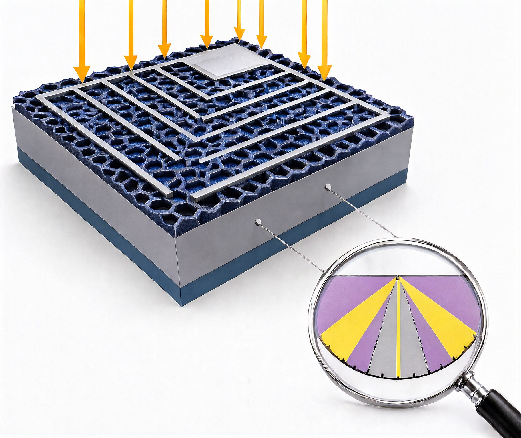Illustration showing how an ultrathin silicon solar cell traps light of all colors.
